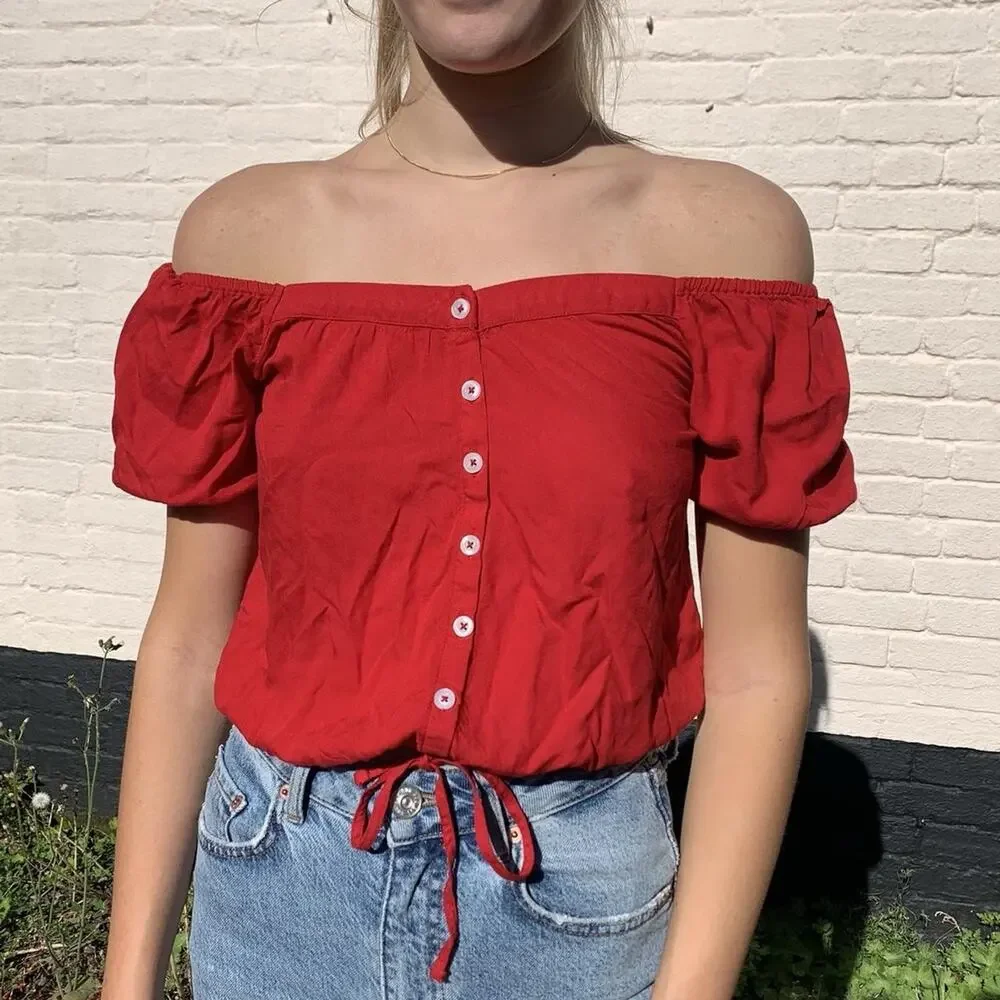 Hollister Off the Shoulder Short Sleeve Crop Top Red Size M